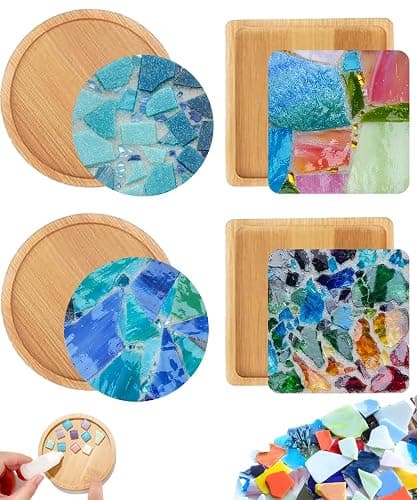 4 Sets DIY Mosaic Kits for Adults with Wooden Coasters, Mixed Color Glass Mosaic Tiles Craft Kits for Adults Women, Complete Mosaic Coaster Making Kit for Home Decor Gifts - Image 1