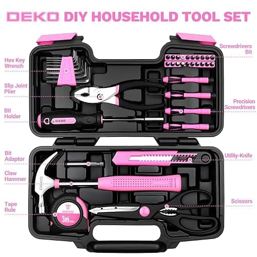 DEKOPRO 39-Piece Pink Household Tool Kit for Women, Basic Hand Tool Set with Plastic Toolbox Storage Case, Small Starter Tool Box Set for Home Repairs, DIY Projects, Crafts and Dorm Essentials thumbnail 2