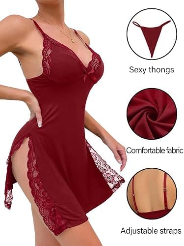 Foxiny Sexy Split Side Floral Lace Trim Full Slip Night Gown Babydoll Lingerie Dress with Thong 2 piece thumbnail 2