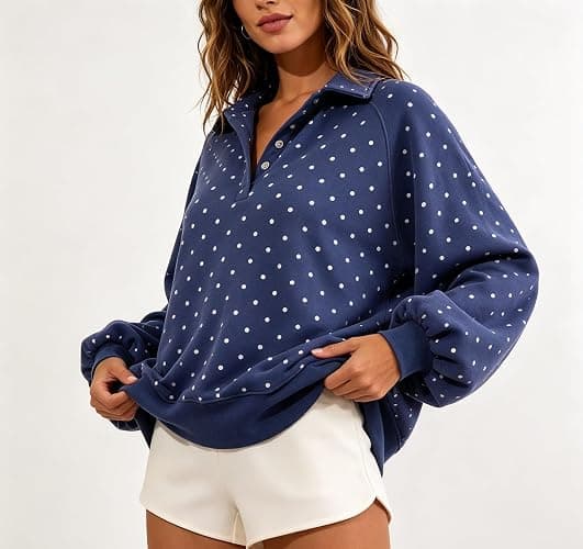 Women Oversized Polka Dot Sweatshirts Long Sleeve Quarter Button Pullover | Henley Neck Snap Button Up Pullover Tops, Raglan Sleeve Y2k Teens Girls Fall Outfits Preppy Cute Clothes thumbnail 4