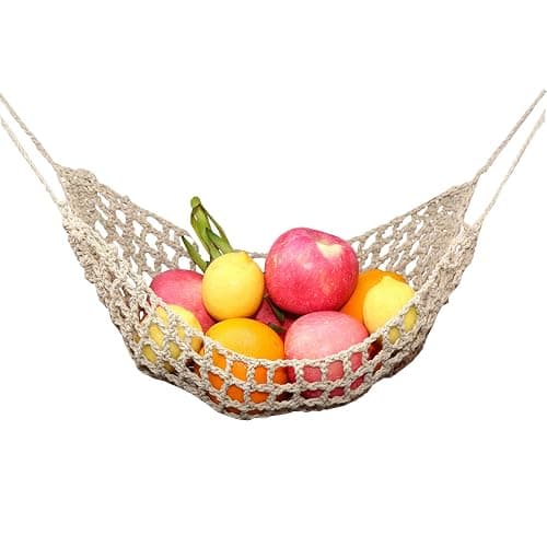 Fruit Hammock for Kitchen Under Cabinet,Large Macrame Fruit Hammock for Kitchen Décor,Storage That Saves Counter For More Counter Space at Home, Boat, or Rv,with 4 Hooks.(nature) - Image 1