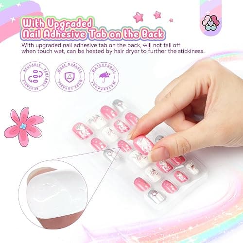 SAVILAND 168Pcs 7 Pack Press on Nails for Kids Children Fake Nails Stick on Nails Pre-glue Full Cover Glitter Gradient Color Star Short Acrylic Nail Tips Nail Art Christmas Easter Gifts for 8-12 Year thumbnail 3