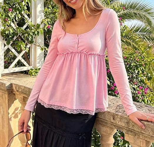 Womens Babydoll Top Y2K Long Sleeve Peplum Flowy Tee Shirt | 65% Cotton,Teen Girls Cute Baby Doll Shirts,Square Neck Button Front Henley T Shirt,Fairy Grunge Aesthetic Top thumbnail 4
