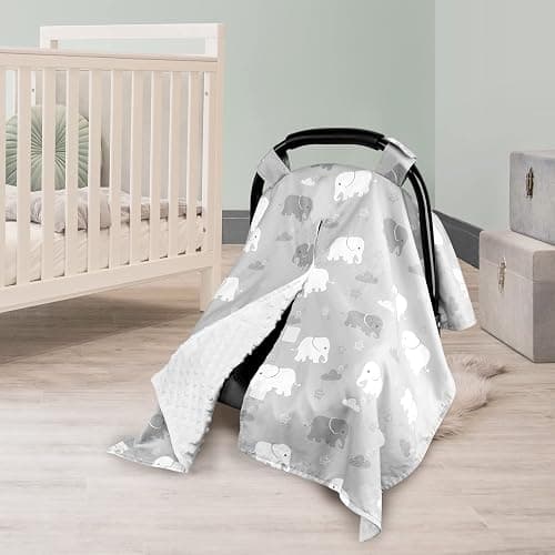 TANOFAR Car Seat Cover Baby, Carseat Covers Baby Boy Girl, Peekaboo Opening Infant Car Seat Cover for Winter, Warm & Cozy, Grey Elephant thumbnail 2