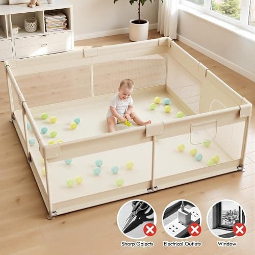Uanlauo Beige Small Baby Playpen - 47x47in Playpen for Babies and Toddlers | Safe Indoor Play Pen, Baby Pen with Side Storage Bag and Breathable Mesh, Playard with 2 pull-up rings, Anti-slip Suction Cup thumbnail 3