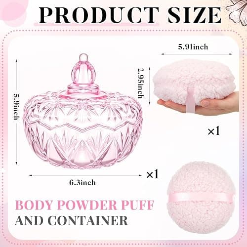 Tioncy 2 Pcs Powder Puff Container Set 6" Glass Jar,Pink,Pumpkin | Extra Large, Soft Velour Powder Puff Washable Reusable, Body Dusting Makeup Apply, Vintage Crystal Glass Design Xmas Gift thumbnail 3