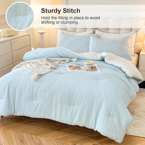 tohrisa Boho Comforter Set Full Size Striped Pleats Bohemian Seersucker Bedding Set All Season Soft Cozy 3 Pieces Quilt with 2 Pillowcases(80"X90" Light Blue) thumbnail 2
