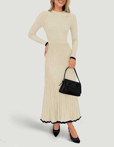 ZESICA Women's Long Sleeve Sweater Dress Fall 2025 Crewneck Ribbed Knit Pleated A-Line Maxi Wedding Guest Dresses thumbnail 2