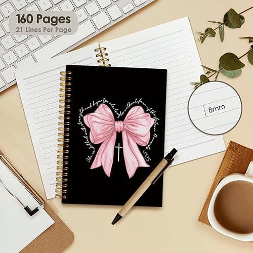 Wheatwin Prayer Journal for Woman, Christian Girl Energy Journal, Black Pink Cute Notebook, Pink Bow Coquette Stuff Notebook 5.5x8.3 - Proverbs 31:25 - Pink Bow thumbnail 4