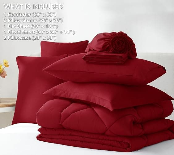 CozyLux Queen Comforter Set Dark Red - Bed in a Bag Queen Size 7 Pieces, Luxury Soft Bed Set for All Seasons, Bedding Set with Down Alternative Comforter, Sheets, Pillowcases & Shams thumbnail 6