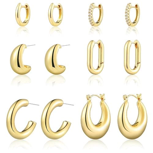 Wgoud 6 Pairs Gold Hoop Earrings Set for Women, 14K Gold Plated Hypoallergenic Lightweight Chunky Open Huggie Hoops Earrings Jewelry for Gifts. - Image 1