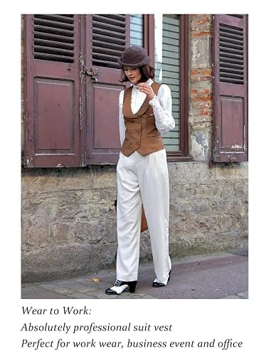 Belle Poque Women Double Breasted Waistcoat Vintage Lapel Collar Vest Coat with 2 Pockets thumbnail 5