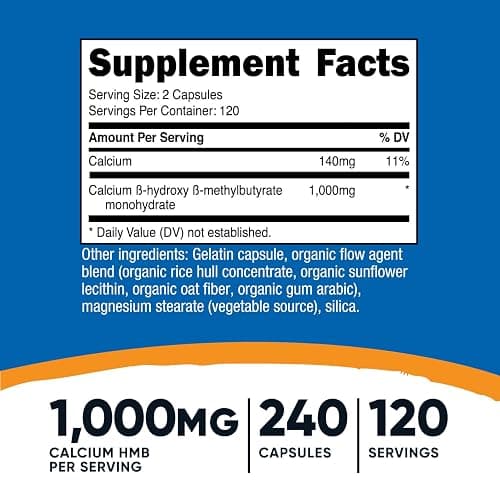 Nutricost HMB (Beta-Hydroxy Beta-Methylbutyrate) 1000mg (240 Capsules) - 500mg Per Capsule, 120 Servings - Gluten Free and Non-GMO thumbnail 2