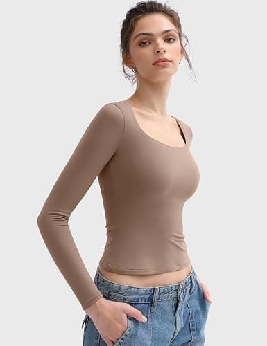 PUMIEY Women's Long Sleeve T Shirts Scoop Neck Slim Fit Going Out Tops Double Lined Basic Tee Smoke Cloud Collection thumbnail 2