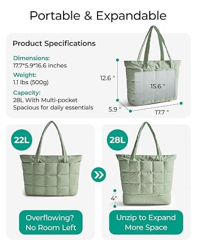 BAGSMART Expandable Tote Bag for Women, Puffer Work Tote Handbag, Quilted Carry On Bag for Travel Gym thumbnail 2