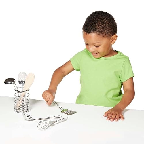 Melissa & Doug Stir & Serve Cooking Utensils (7 pcs) - Stainless Steel & Wooden Play Kitchen Accessories, Preschool Learning Toys for Girls & Boys 3+ thumbnail 3