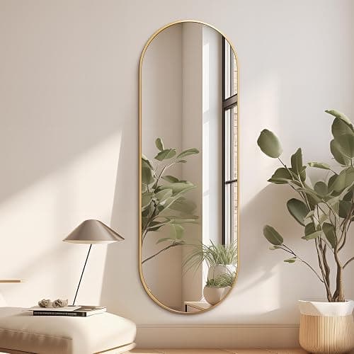 Niccy 65"×22" Oval Full Length Mirrors, Long Wall-Mounted Mirror with Aluminum Frame, Large Body Mirrors for Living Room, Explosion-Proof Hanging Wall Mirror for Bathroom Bedroom Entryway Decor, Gold - Image 1