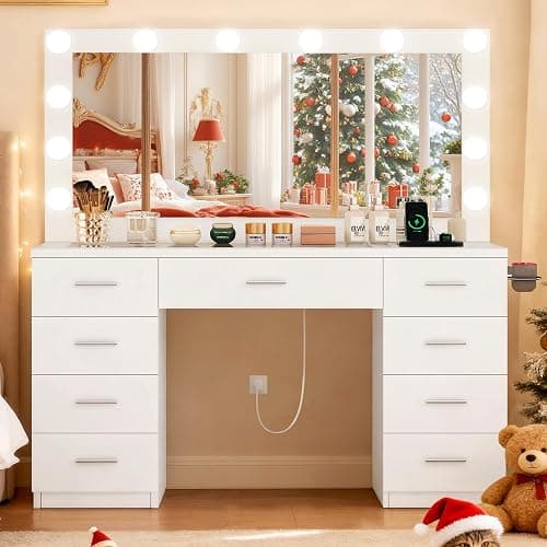 FIONESO Vanity Desk with Glass Top & Lights Mirror, 3 Adjustable Lighting Color, 46" Makeup Vanity with 9 Drawers and 12 LED Lights, Dressing Table for Bedroom, Vanity for Girls, White - Image 1