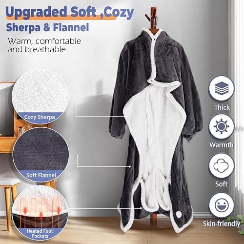 Wearable Heated Blanket with Foot Pocket, Electric Wearable Throw Blanket with Sleeves, Hood, Portable Heated Blanket with 8 Heat Settings, 1-10 Hours Auto Shut-off, Gift for Family, Friends, 50*70" thumbnail 6