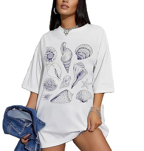 Oversized Graphic Tshirt for Teens Women Cute Floral Ocean Print Baggy Tops Summer Beach Vintage Aesthetic Coastal Tee - Image 1