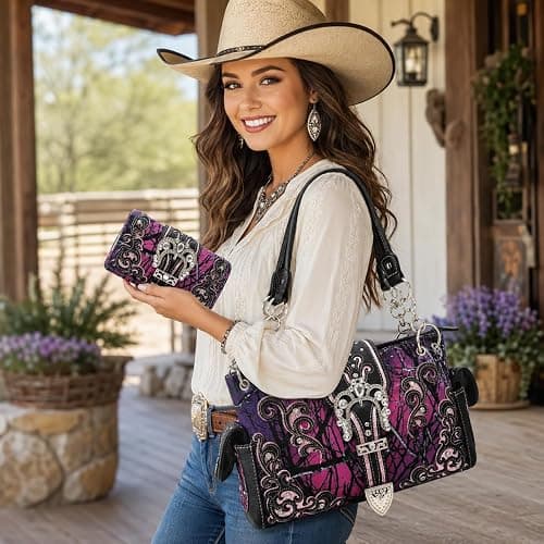 Western Trendy Camouflage Purse Country Handbag and Wallet Set for Women | Rhinestone Buckle, Side Pockets & Convertible Wallet Carry thumbnail 2