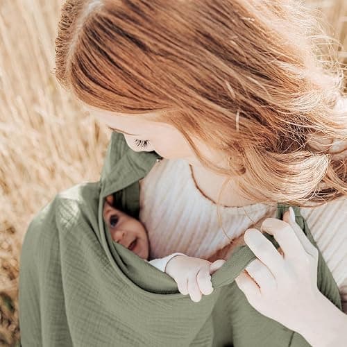 Konssy Muslin Nursing Cover for Baby Breastfeeding, Breathable 100% Cotton Breastfeeding Cover with Rigid Hoop for Mother Nursing Apron, Multi-use Carseat Canopy (Fog Green) thumbnail 2