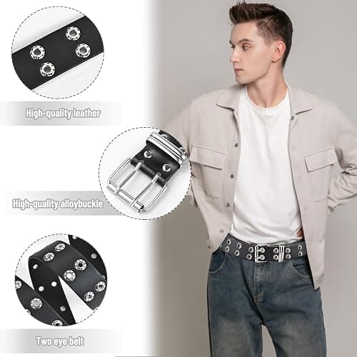 YOGEYOGE Black Studded Belt, 3 Pcs Y2K Belt Emo Girl Goth Punk Rock Double Grommet with Pyramid Scene for Women Men thumbnail 5
