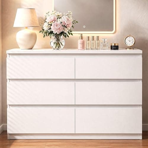 Orgobysol 6 Drawer Double Dresser for Bedroom, Modern Simply Chest of Drawers, Wood Storage Dresser with Anti-Tipping for Living Room Hallway Entryway, Nursy White (15.3" D x 47.2" W x 32.3" H) - Image 1