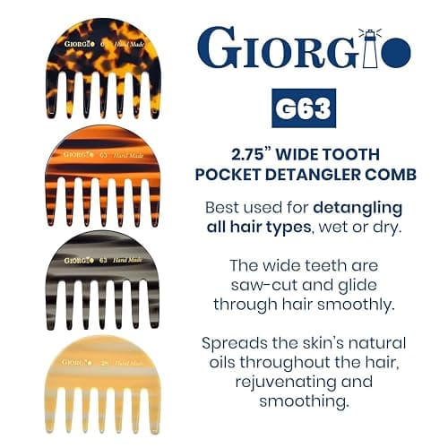 Giorgio G63 Graphite Detangling Comb for Women - Wide Tooth, Pocket and Travel Size for Thick Hair, Wet or Dry Everyday hair care. Handmade, Saw-Cut, and Polished Wide Tooth comb for women. thumbnail 2