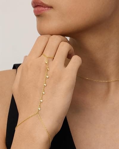 PAVOI 14K Gold Plated Hand Chains for Women - Adjustable Hand Chain Bracelet and Ring - Trendy Gold Handchain Bracelet Stack Summer Jewelry - Beads, Pearl, and Cubic Zirconia Body Jewelry thumbnail 3