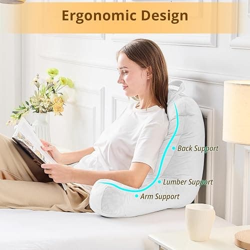 Sasttie Reading Pillow, Velvet Back Pillow for Bed Sitting Up, Adult Back-Rest Support Cushion with Arms for Sit Up on Couch, Sofa, and Floor, Dorm Essentials, Reading Accessories, White thumbnail 5