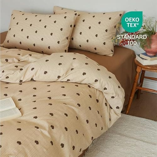 Bildenly Heart Duvet Cover Queen Size Brown Hearts Vertical Ticking Striped Bedding Set Vintage Striped Love Heart Soft Breathable Microfiber Comforter Cover Set with Zipper Closure and 2 Pillowcases thumbnail 3