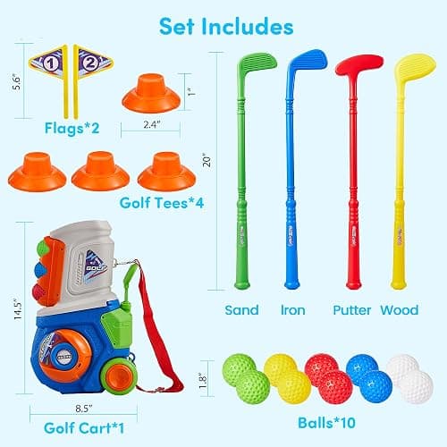PJG Toddler Golf Set, Plastic Kids Golf Clubs Ages 1 2 3 4 5 Years Old with 4 Golf Clubs and 10 Balls, Indoor and Outdoor Toddler Golf Toys with Cart for Boys and Girls Birthday (Blue) thumbnail 2
