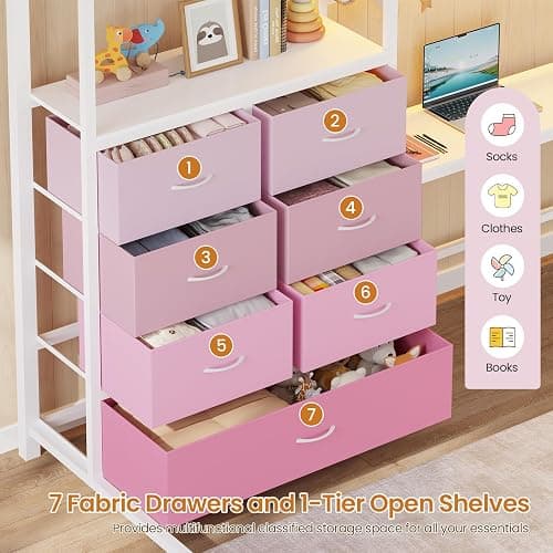 DICTAC Twin Size Loft Bed with L-Shaped Desk and 7 Storage Drawers,Metal Twin Loft Bed for Kids with LED Lights & Charging Station,Girls loft beds with 13.11" H Safety Guardrail and Stair,White+Pink thumbnail 5
