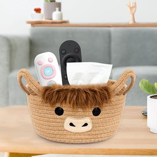 Hkojewp Highland Cute Cow Basket for Nursery, Small Shower Gift Basket, Round Woven Rope Cotton Storage, Baby Blanket 0rganizer with Ears Handles, Blanket Towel Decor Storage Bins, 10.7"D x 4.4"H in thumbnail 6