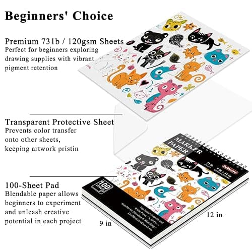 Belenova 9" x 12" Marker Paper Pad, 100 Sheets Bleedproof Sketchbook for Alcohol Markers - 73lb/120gsm Art Supplies for Drawing & Coloring (Kids/Adults). thumbnail 3