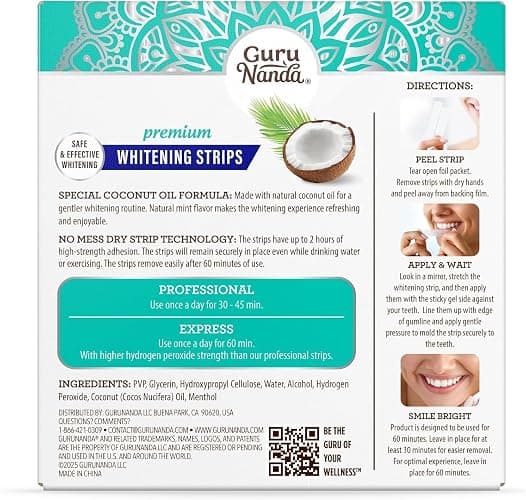 GuruNanda Teeth Whitening Strips - 4X Whiter Teeth, 7-Day Whitening Kit | Non-Slip 4 Layer Dry Strip Technology|With Coconut Oil|Promotes Brighter Smile|Gentle on Enamel|Easy to Apply Teeth Whitener thumbnail 14