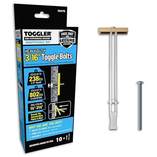 TOGGLER SNAPTOGGLE Heavy-Duty Drywall Toggle Bolt – 3/16"-24 UNC Zinc-Plated Anchor for Hollow Walls, Plaster & Tile – Holds 238 lbs in 1/2" Drywall, Easy Install – 10 Pack (with Bolts) - Image 1