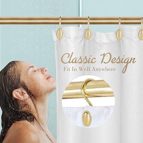 Shower Curtain Hooks, Decorative Acrylic Shower Curtain Rings, Rust Resistant Metal Shower Hooks for Bathroom, Glide Shower Rings for Shower Curtain and Liner, Set of 12, Gold - Gold thumbnail 9
