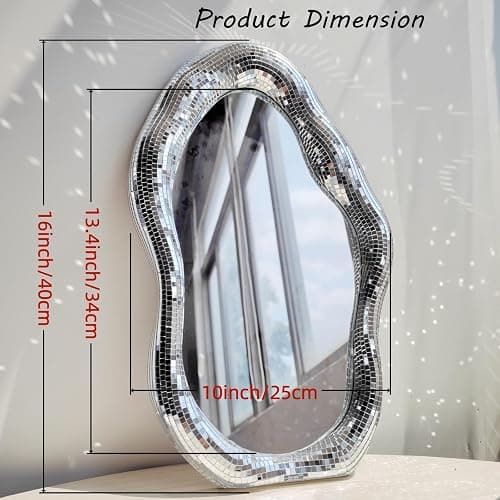 Disco Ball Mirror Wavy, 16"H x 10"W x1.2"D, Funky Table Wall Decor, Large | Unique Funky Ball Decor with Stand, Tabletop Vintage Silver Decorative Mirror, Handmade Gift, Retro, Groovy thumbnail 2