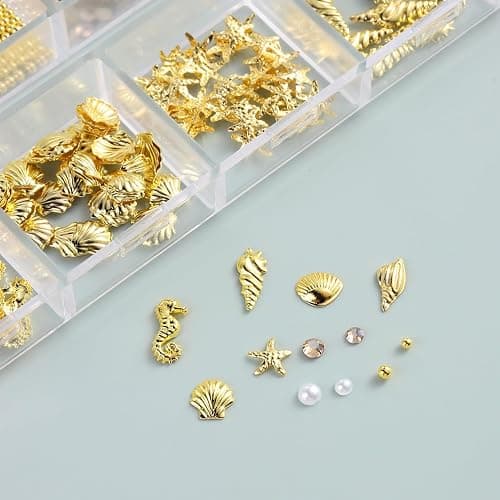 12 Fächer Sommer Muschel Nagelkunst Charms, 3D Ozean Thema Nagel Steinchen, Muschel Charms Nägel Für Frauen, Goldene Perlen Nägel Für DIY-Nageldesign, Kartendeko & Handyhüllen thumbnail 3
