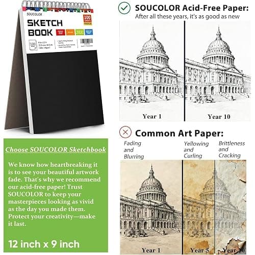 Soucolor 9" x 12" Sketch Book, 100 Sheets Top Spiral Bound Sketchbook with Acid-Free 68lb/100gsm Thick Drawing Paper, Art Sketch Pad for Kids, Adults & Artist, Professional Art Supplies for Beginners thumbnail 8