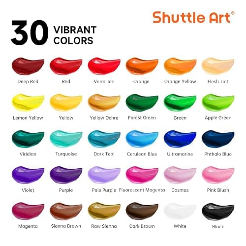 Shuttle Art 48 Pack Acrylic Paint Set, 30 Colors Acrylic Paint (36ml) with 10 Brushes 5 Canvas 1 Paint Knife 1 Palette 1 Sponge, Complete Set for Kids, Adults Painting on Canvas Rocks Wood Ceramic thumbnail 4