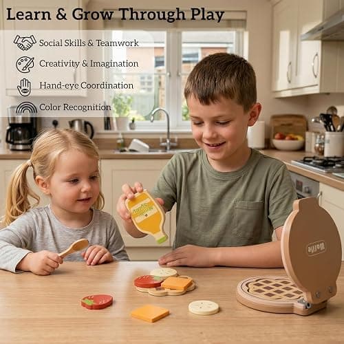 WOODENFUN Wooden Pretend Play Toy Waffle Maker Play Kitchen Accessories | Montessori Breakfast Play Food Set Birthday Gifts for 2 3 4 Years Old Toddlers Boys Girls thumbnail 3