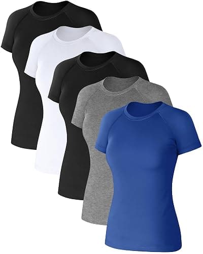 Coume 5 Pack Women's Compression Shirts Short Sleeve Workout Tops Crew Neck Athletic T Shirts Yoga Running Tight Tee - Image 1