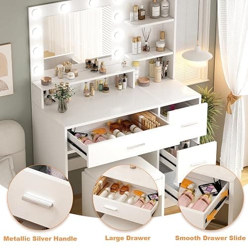 OTOQS Makeup Vanity Desk with Mirror and Light,Dressing Table Set with 3 Color Modes LED Lights,Large and Three Level Storage Dresser, for Bedroom Dressing Room,White thumbnail 6