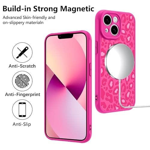 KANGHAR Case for iPhone 13 Hot Pink Leopard Printed Pattern Cute Cheetah [Compatible with Magsafe] Protective Magnetic Case for Girls Women 6.1" thumbnail 5