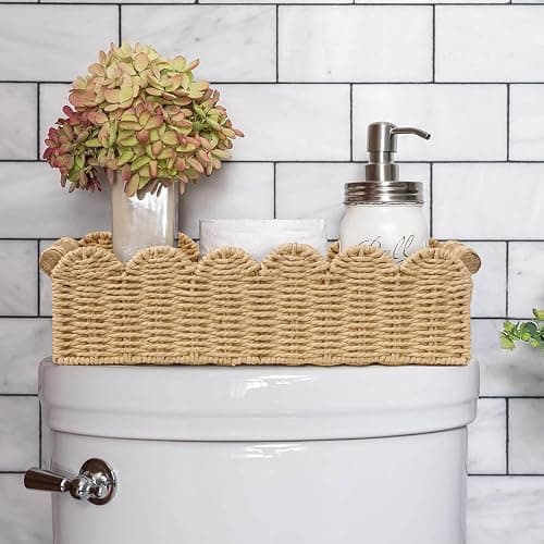 CubesLand Scalloped Edge Toilet Paper Storage Basket, Living Room Home Cozy Decor Basket, Paper Rope Small Baskets for Over Toilet Storage Shelf, End Table, Shelves, with 2 Wooden Handles, Beige thumbnail 2