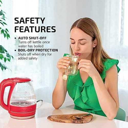 OVENTE Electric Kettle, 1.5L Borosilicate Glass Countertop Water Heater and Boiler for Coffee or Tea, BPA-Free, Auto Shut-Off, Boil-Dry Protection, Removable and Washable Spout Filter, Red KG83R thumbnail 2