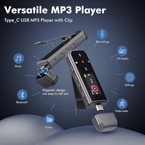 RUIZU 64GB Type-C USB MP3 Player with Bluetooth 5.3, Clip Portable Music Player with FM Radio, Voice Recorder, Pedometer for Sport, Digital Audio Shuffle A-B Repeat, Support Mobile Phone File Transfer thumbnail 7